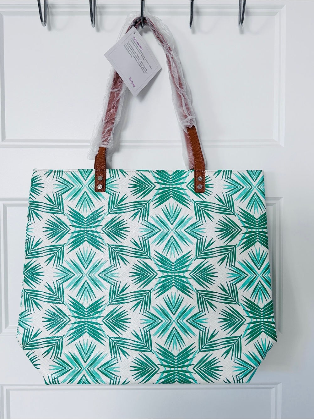 Green Geometric Canvas Tote with Brown Handles